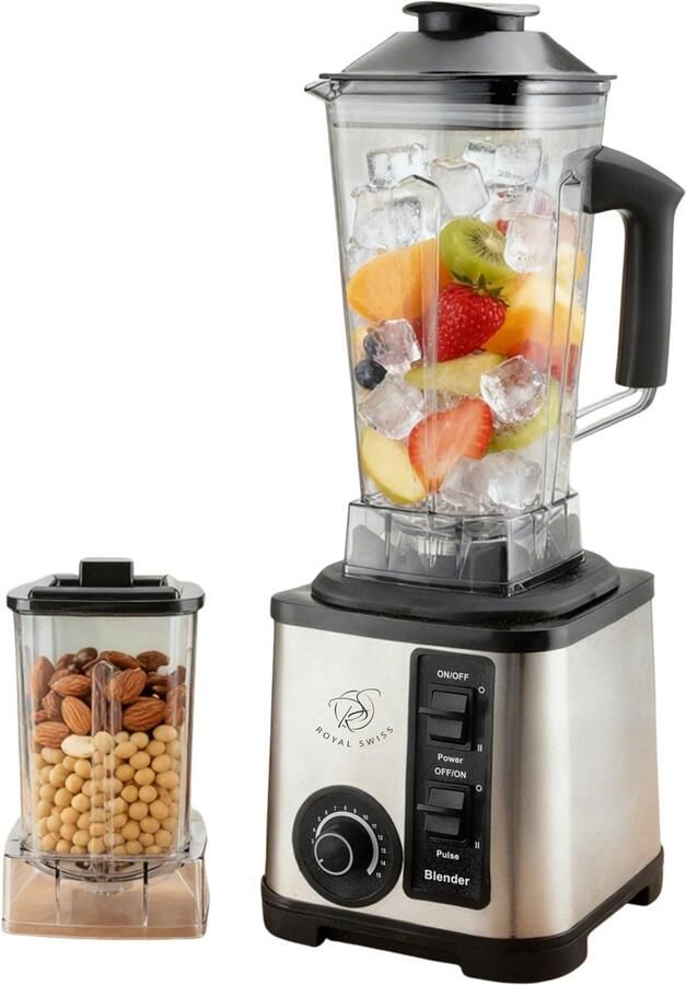 Royal Swiss Blender 2000W – RVS Behuizing – 2.0L Kan – RVS Messen – Inclusief Grinder – Meerdere Snelheden