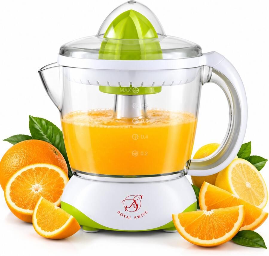 Royal Swiss Citruspers Elektrisch 40W – Sinaasappelpers & Citroenpers – 1 2 Liter – 2 Draairichtingen – Verstelbaar Pulpfilter