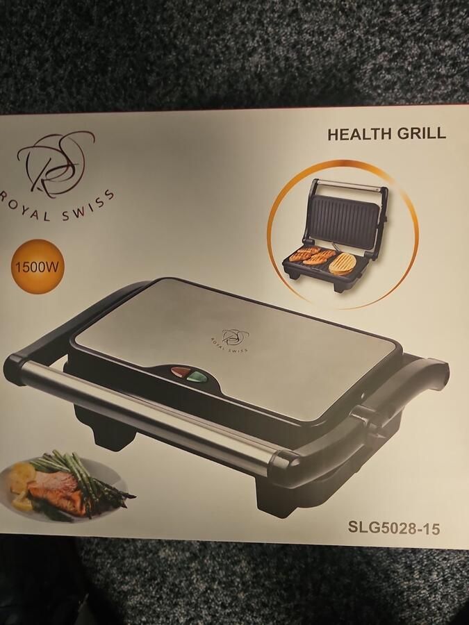 Royal Swiss Contactgrill 1500W – Elektrische Grill met Antiaanbaklaag – RVS Bovenkant – Cool-Touch Handvat – Druipbakje – Voor Panini Vlees Vis & Groenten – 105° Open - Foto 2