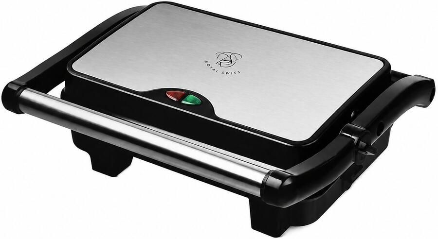 Royal Swiss Contactgrill 1500W – Elektrische Grill met Antiaanbaklaag – RVS Bovenkant – Cool-Touch Handvat – Druipbakje – Voor Panini Vlees Vis & Groenten – 105° Open