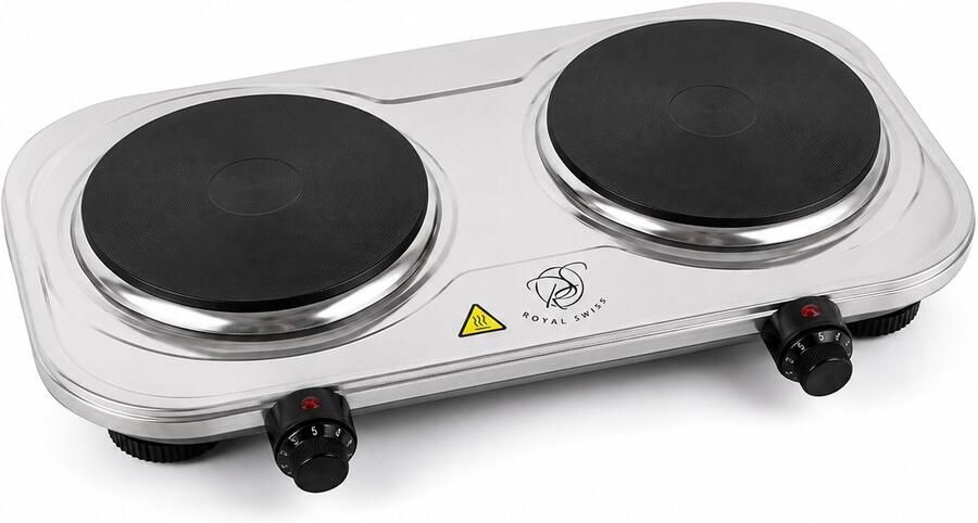Royal Swiss Dubbele Kookplaat 2500W – Elektrische Kookplaat 2-Pits – Vrijstaande Kookplaat – Gietijzer – Regelbare Thermostaat – 18 5 & 15 5 cm