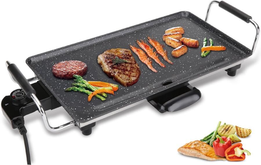 Royal Swiss Elektrische Grillplaat – 2000W Bakplaat 46x26 cm – Antiaanbaklaag – Verstelbare Thermostaat – Cool Touch Handgrepen – Vaatwasserbestendig