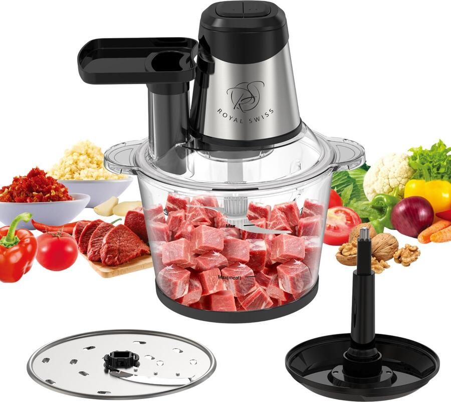 Royal Swiss Food Chopper 1000W – 3L Glazen Kom – Dubbele RVS Messen – 2 Snelheden
