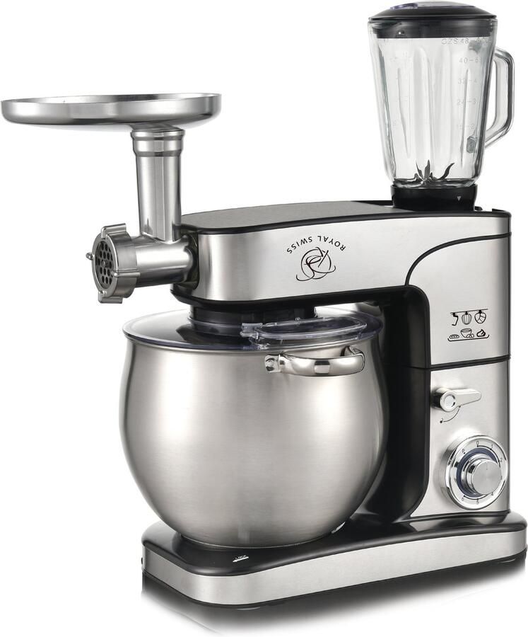 Royal Swiss Keukenmachine 3-in-1 – 12L XXL RVS Mengkom – 2000W – Standmixer met Blender & Vleesmolen – 6 Snelheden + Pulse – Multifunctionele Keukenrobot
