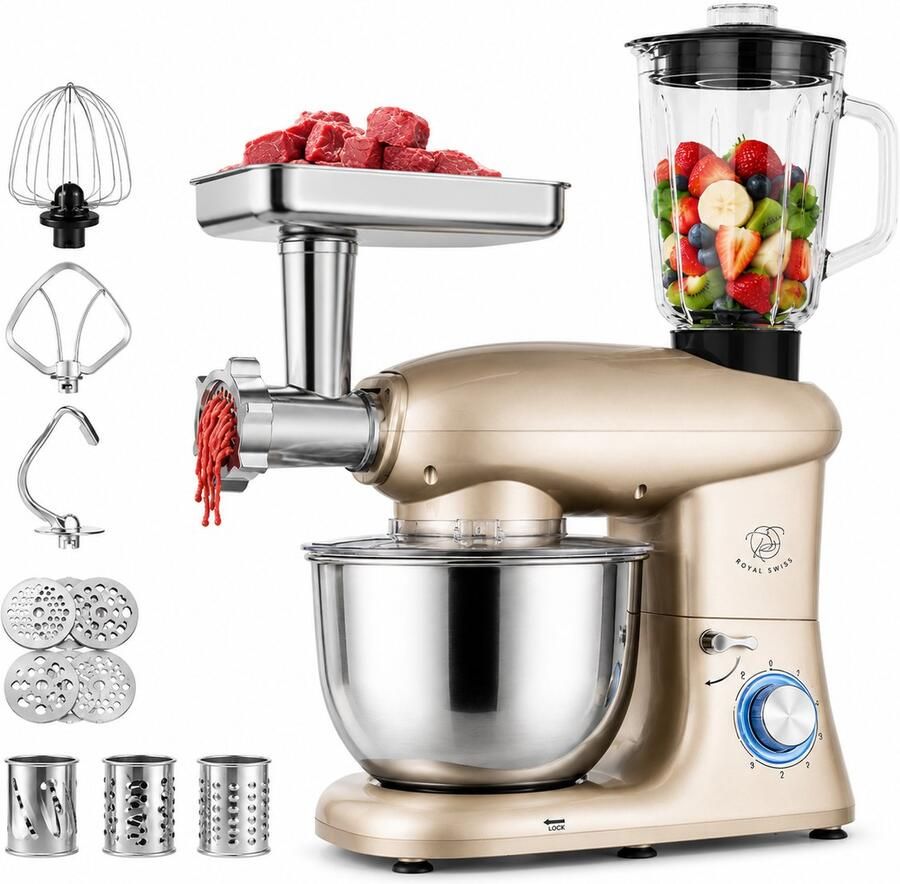 Royal Swiss Keukenmachine SM-1505BM – 1400W – 6L RVS Mengkom – 6 Snelheden + Pulse – Blender & Vleesmolen – Multifunctionele Food Mixer met Splash Guard - Foto 2