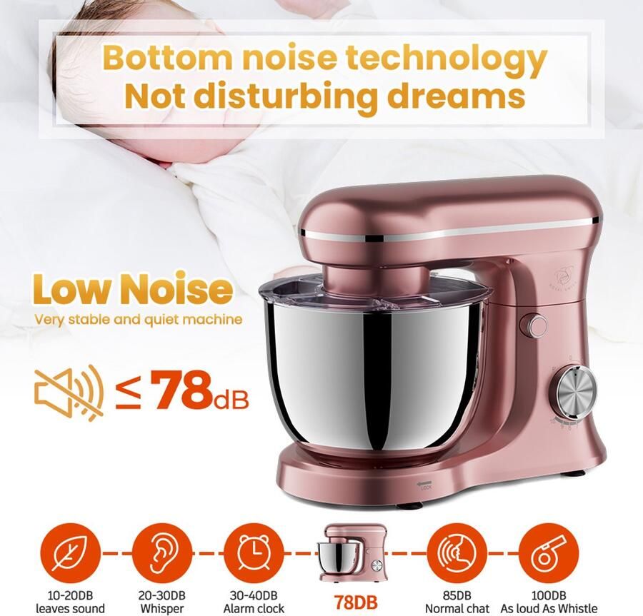 Royal Swiss Keukenmixer 5L – 10 Snelheden + Pulse – 1500W – Planetaire Mengfunctie – Inclusief Deeghaak Klopper & Garde – Roestvrijstaal Mengkom - Foto 2