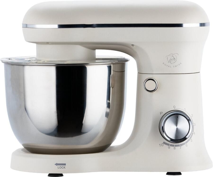 Royal Swiss Keukenmixer 5L Crème – 10 Snelheden + Pulse – 1500W – Planetaire Mengfunctie – Inclusief Deeghaak Menghaak & Garde – RVS Mengkom
