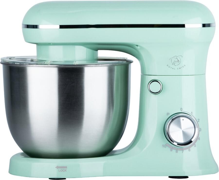Royal Swiss Keukenmixer 5L Mintgroen – 10 Snelheden + Pulse – 1500W – Planetaire Mengfunctie – Inclusief Deeghaak Menghaak & Garde – RVS Mengkom