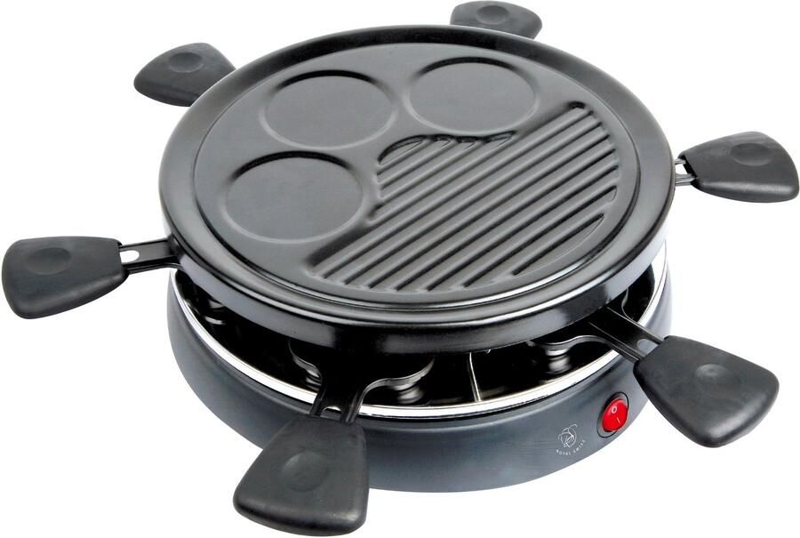 Royal Swiss Raclette Grill 6 Personen – 800W – 6 Pannetjes – Antiaanbak – Rond Model – Multifunctionele Tafelgrill – BBQ & Eierplaat – Familie Set