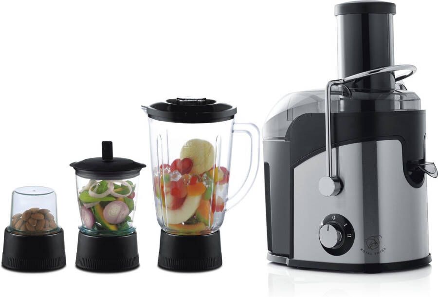 Royal Swiss 4-in-1 Sapcentrifuge met Blender Hakmolen en Koffiemolen – Fruit- en Groentesap Extractor – Multifunctioneel en Krachtig Keukenapparaat