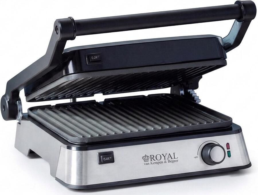ROYAL van Kempen & Begeer Royal Contactgrill 2000W 180° Openklapbaar Verwijderbare Platen PFAS-vrije Antiaanbaklaag Vaatwasserbestendig Verstelbare Thermostaat