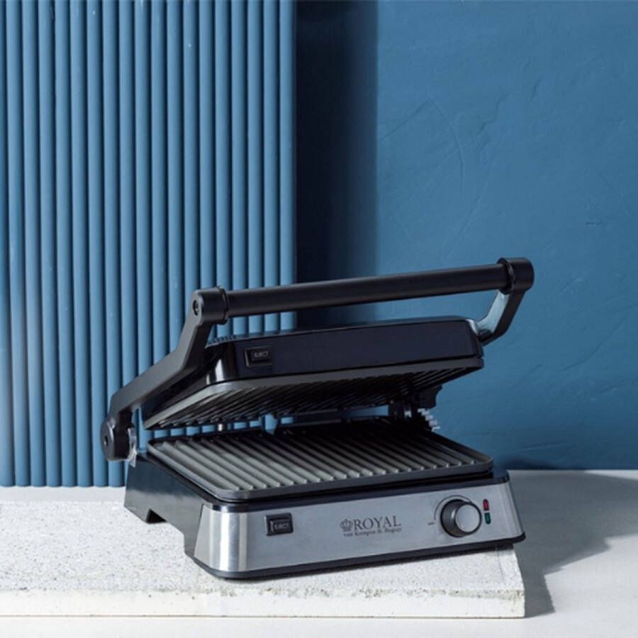 ROYAL van Kempen & Begeer Royal Contactgrill 2000W 180° Openklapbaar Verwijderbare Platen PFAS-vrije Antiaanbaklaag Vaatwasserbestendig Verstelbare Thermostaat