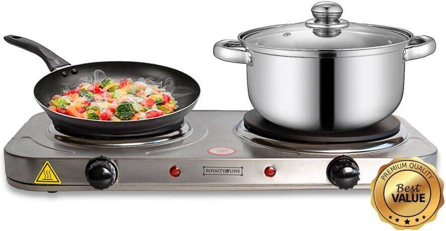 Royalty line DKP-2500 Elektrische Kookplaat 2 Pits Elektrische Kookplaten 1000W + 1500W Ø155 + 185mm Zilver