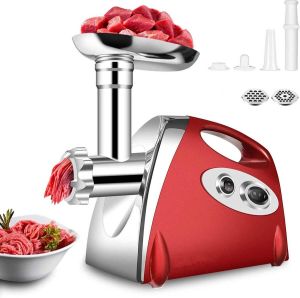 Royalty line Elektrische Vleesmolen Gehaktmolen Met 3 Snijplaten Hulpstuk Voor Worstjes en Kibbeh Incl. Stamper Voor Alle Soorten Vlees RVS Worstenmaker Gehakt 500W Rood