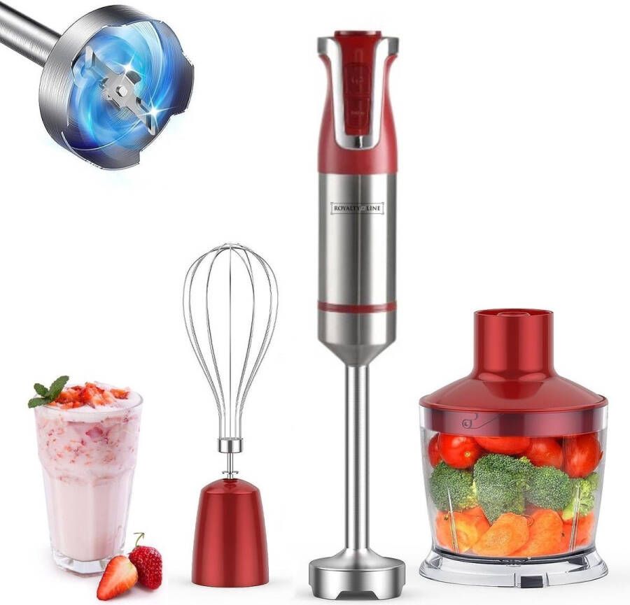 Royalty line ESMS800 Staafmixer Set 3 Delig Mixer met Hakmolen & Garde 800W BPA Vrij Handmixer 20 Snelheidsinstellingen Krachtig & Snel Staafmixers RVS Rood