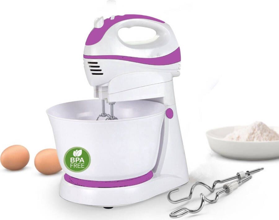 Royalty line HMS250T Handmixer Met Mengkom 2 in 1 Keukenmixer Met Kloppers en Deeghaken 300W 2.5 Liter Mengkom Wit Paars