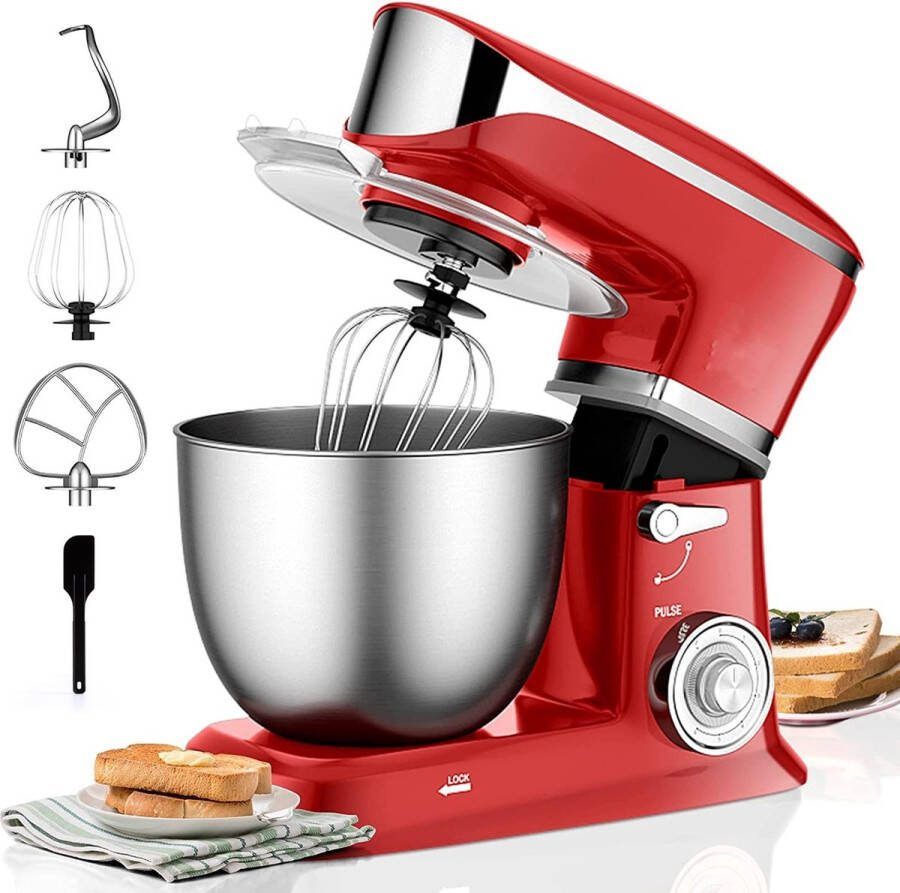 Royalty line Keukenmachine Keukenrobot 1900W Keukenmixer met 6 Snelheidsstanden + LED incl. Garde Kneedhaak Klopper en Pannenlikker Met Spatscherm & RVS Mengkom 6.5 L Rood