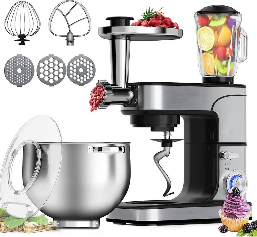 Royalty line Keukenmachine Keukenrobot 2800W Foodprocessor met 7 Snelheidsstanden + LED incl. Garde Kneedhaak Mengarm en Blender Met Spatscherm & RVS Mengkom Van 12 Liter Zilver