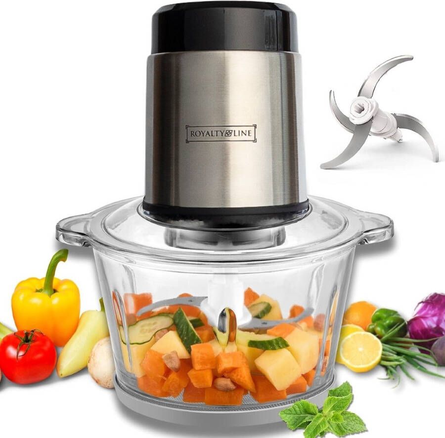 Royalty line MCE-300 Hakmolen Groentesnijder 1.2 Liter Chopper RVS 2 Snelheden 300W Foodprocessor Met Glazen Kom Mandoline Hakmolen Elektrisch Zwart Zilver