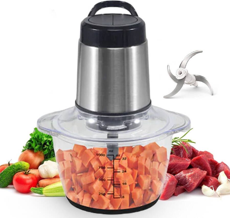 Royalty line MCE-300 Hakmolen Groentesnijder 1.2 Liter Chopper RVS 2 Snelheden 300W Foodprocessor Met Glazen Kom Mandoline Hakmolen Elektrisch Zwart Zilver - Foto 3