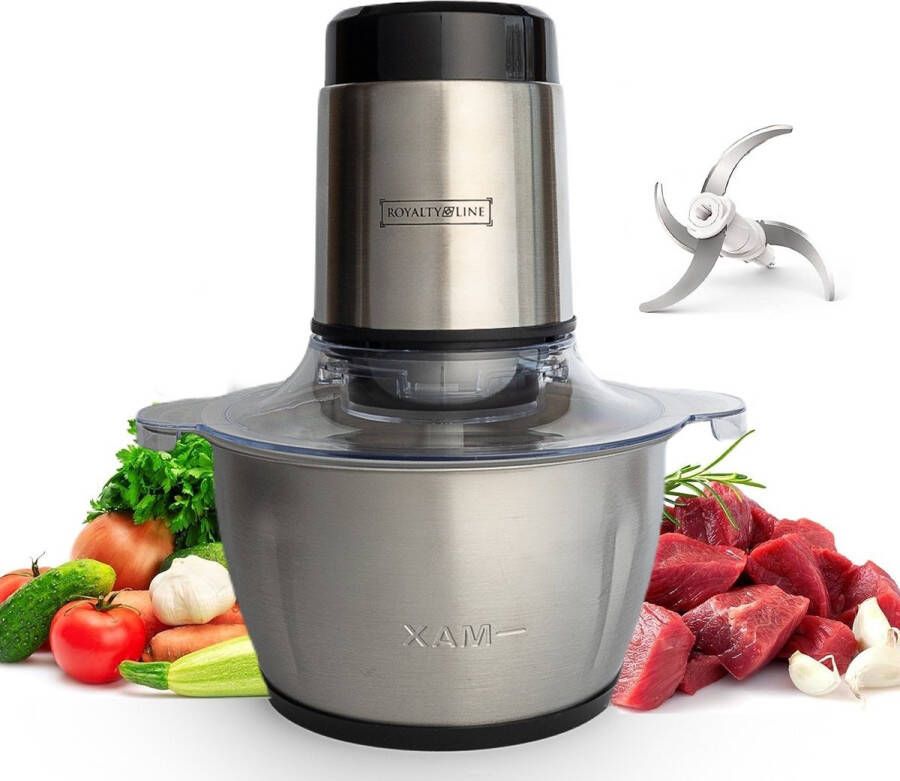 Royalty line MCE300 Elektrische Hakmolen Groentesnijder 1.8 Liter Chopper RVS 2 Snelheden 300W Foodprocessor Met RVS Kom Mandoline Hakmolen Elektrisch RVS - Foto 2