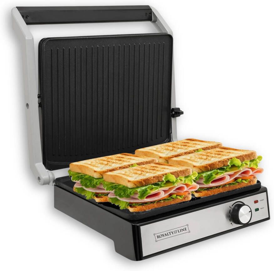 Royalty line PG7933 Tosti Apparaat XL Voor 4 Tosti's Contactgrill 2000W Panini 29 x 24.5cm Uitklapbaar Grill IJzer Met Antiaanbaklaag Instelbare Temperatuur Zwart RVS