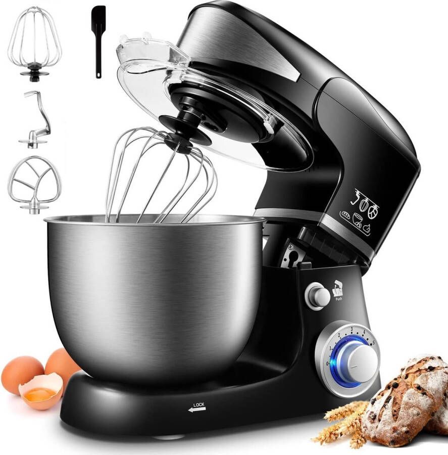 Royalty line PKM1600 Keukenmachine Keukenrobot 1600W Keukenmixer Met 6 Snelheidsstanden Foodprocessor Met Spatscherm & 6 Liter RVS Mengkom Zwart