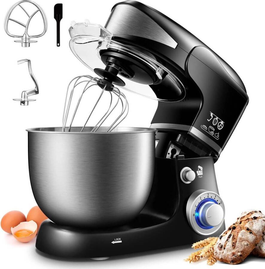 Royalty line PKM1600 Keukenmachine Keukenrobot 1600W Keukenmixer Met 6 Snelheidsstanden Foodprocessor Met Spatscherm & 6 Liter RVS Mengkom Zwart