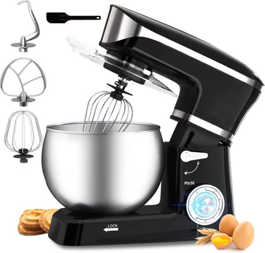 Royalty line Keukenmachine Keukenrobot Keukenmixer met 6 Snelheidsstanden + LED incl. Garde Kneedhaak Mengarm en Pannenlikker Met Spatscherm & RVS Mengkom (6.5 L) 1900W Zwart