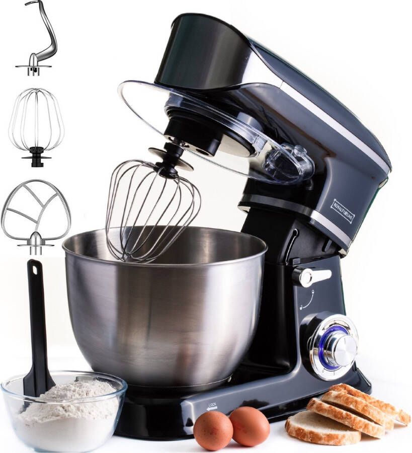 Royalty line Keukenmachine Keukenrobot Keukenmixer met 6 Snelheidsstanden + LED incl. Garde Kneedhaak Mengarm en Pannenlikker Met Spatscherm & RVS Mengkom (6.5 L) 1900W Zwart - Foto 2