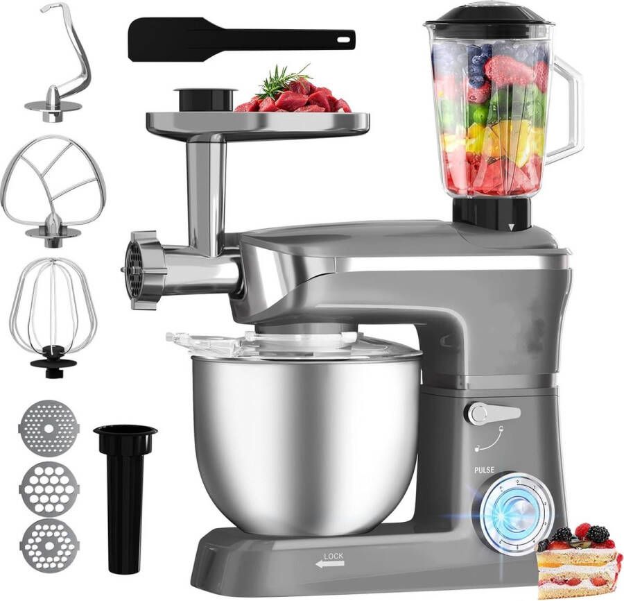 Royalty line Keukenmachine Keukenrobot 1900W Foodprocessor met 7 Snelheidsstanden + LED incl. Garde Kneedhaak Mengarm en Blender Met Spatscherm & RVS Mengkom Van 6.5 Liter Zilver