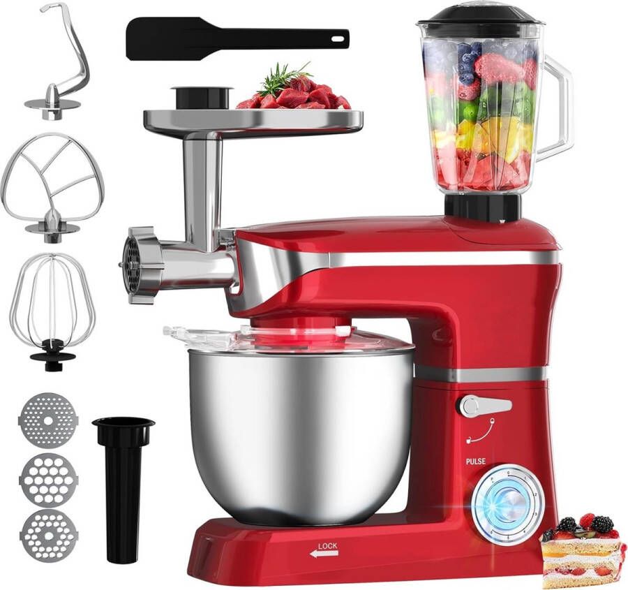 Royalty line Keukenmachine Keukenrobot 1900W Foodprocessor met 7 Snelheidsstanden + LED incl. Garde Kneedhaak Mengarm en Blender Met Spatscherm & RVS Mengkom Van 6.5 Liter Rood