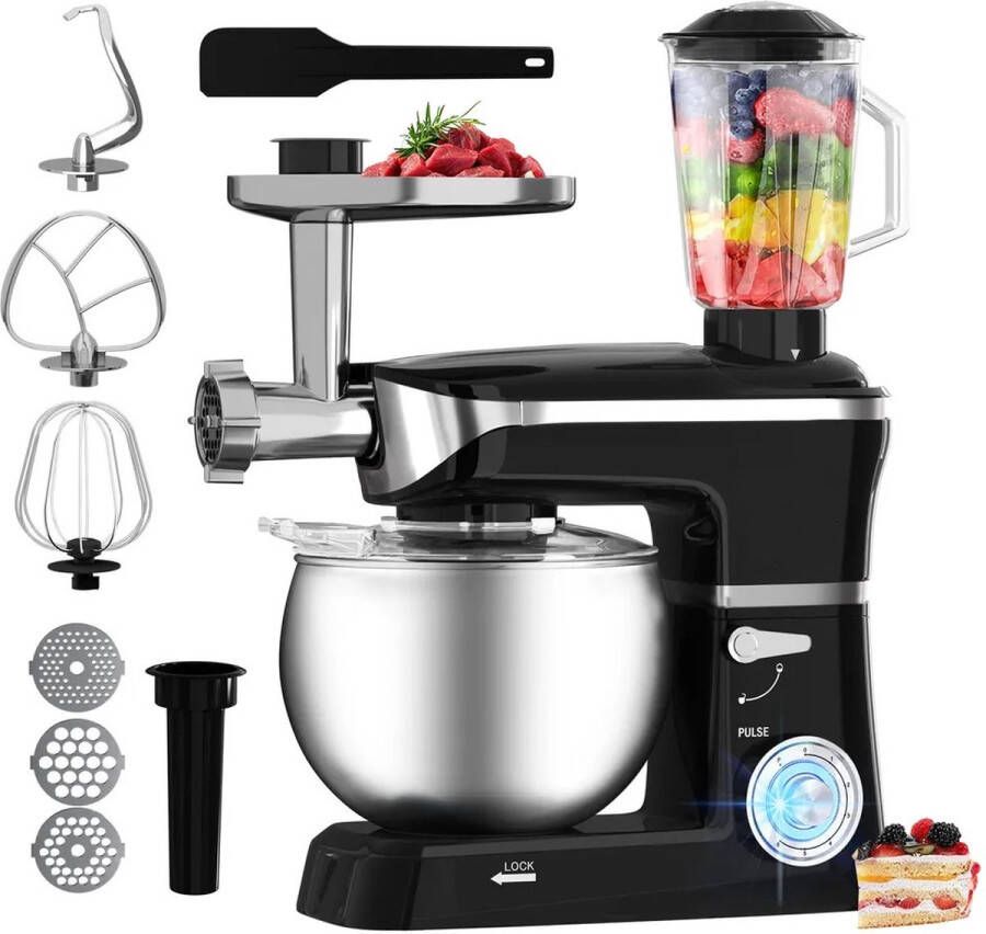 Royalty line Keukenmachine Keukenrobot 1900W Foodprocessor met 7 Snelheidsstanden + LED incl. Garde Kneedhaak Mengarm en Blender Met Spatscherm Vleesmolen & RVS Mengkom Van 6.5 Liter Zwart