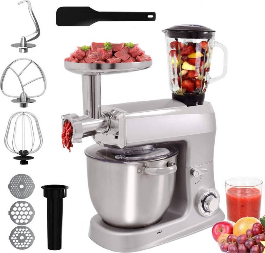 Royalty line Keukenmachine Keukenrobot 2100W Foodprocessor met 7 Snelheidsstanden + LED incl. Garde Kneedhaak Mengarm en Blender Met Spatscherm & RVS Mengkom Van 7.5 Liter Zilver