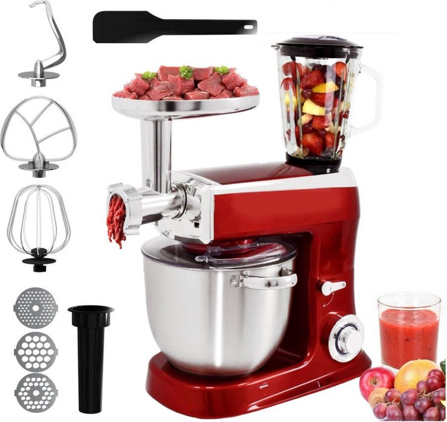 Royalty line PKM2100BG 3 in 1 Keukenmachine 7.5 L Keukenrobot Krachtig 2100W Foodprocessor Keukenmixer Met Blender & Vleesmolen Rood
