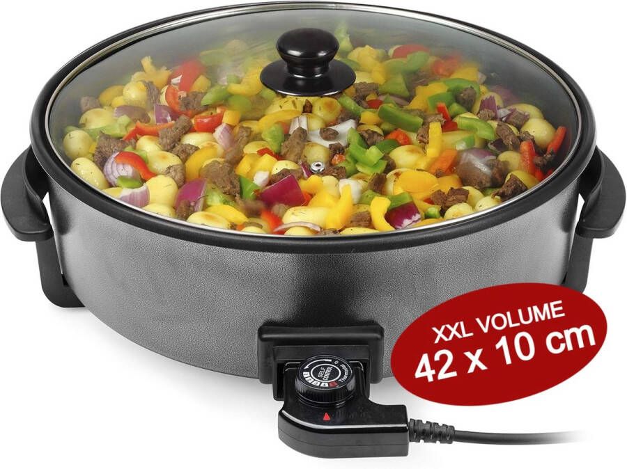Royalty line PP18214 Elektrische Hapjespan met Deksel Ø42cm Partypan XXL 1500W Elektrische Pan Men Antiaanbaklaag Snackpan Met Regelbare Warmteniveaus Zwart
