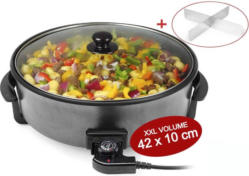 Royalty line PP18214 Elektrische Hapjespan XXL Met 4 Vakverdeling 1500W Ø42cm Groot Multifunctionele Partypan XXL Elektrische Pan Met Antiaanbaklaag Zwart