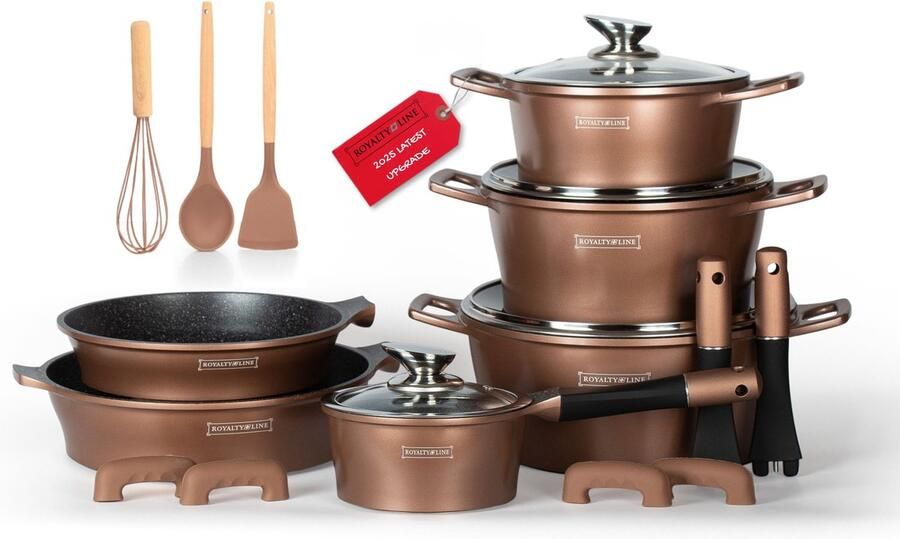 Royalty line ES1014 Pannenset Inductie 17 Delige Pannensets Pan Met Afneembare Handvaten Oven Bestendig Pannen Voor Alle Warmtebronnen Antiaanbaklaag Koper