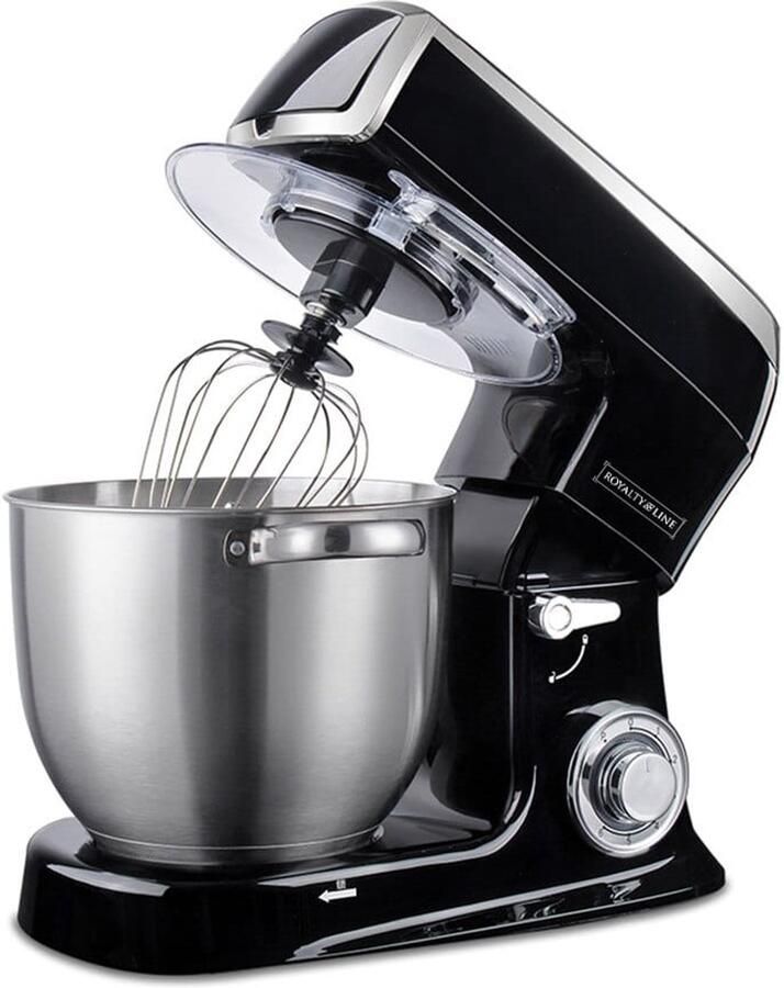 Royalty line PKM2100 Keukenmachine Keukenrobot 2100W Keukenmixer met 6 Snelheidsstanden + LED incl. Garde Kneedhaak Klopper en Pannenlikker Met Spatscherm & RVS Mengkom 7.5 L Zwart