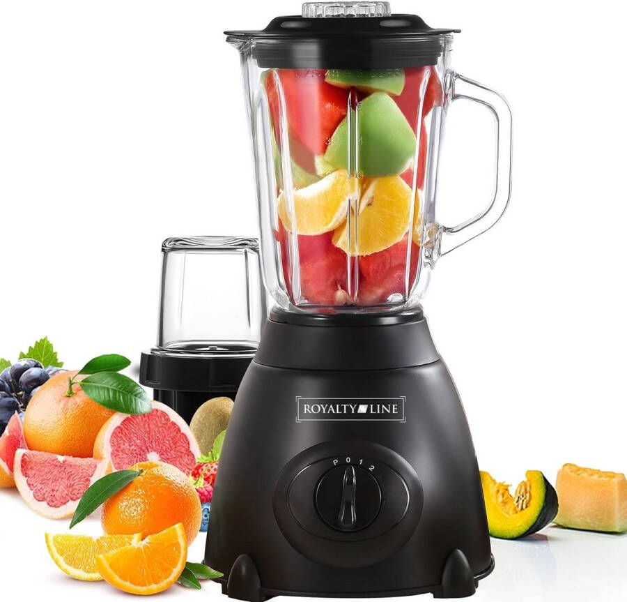 Royalty line SME600 Blender Smoothie Maker Met 1.5 L Glazen Kan Incl. Kruidenmaler Smoothie Blender BPA Vrij 800W 3 Snelheden RVS Zwart