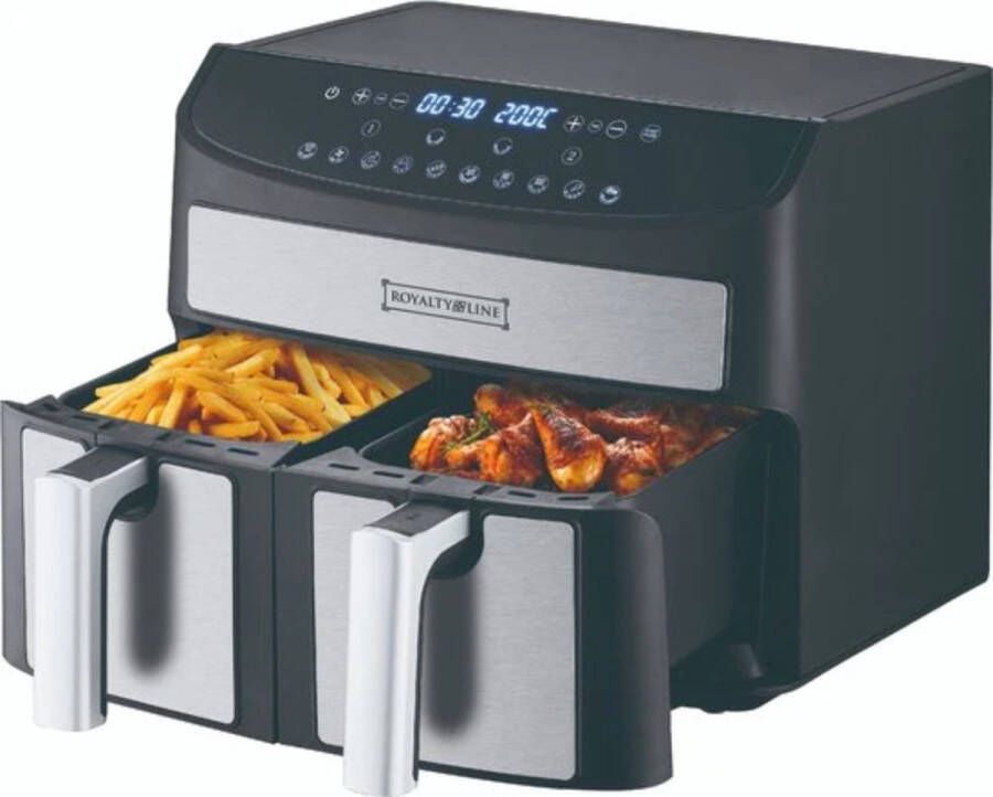 Royaltyl line Royalty line Airfryer XXL Dubbele Airfryer XXL 2400W Zwart Inclusief in hoogte verstelbaar Grillrack Twee Kookvakken 8 Liter Digitale Heteluchtfriteuse Touchscreen Dubbele Heteluchtfriteuse Friteuse À Air Double