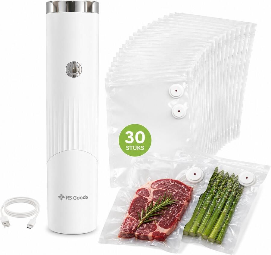 RS Goods Vacumeermachine Inclusief 30 Vacumeerzakkken Draadloos Seal Apparaat Vacuum Sealer Voedsel Vacumeren Wit