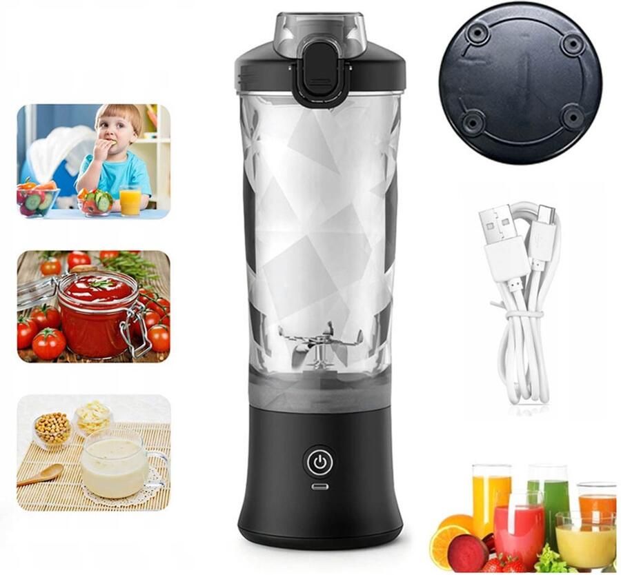 Ruijingsky Draagbare blender – Sapblenderbeker – Mini-smoothiemaker – Draagbare blender – Verse sapcentrifuge – Grote inhoud – Geschikt voor kantoor kamperen sporten fitness en reizen – 600 ml – Draadloze USB – Zwart