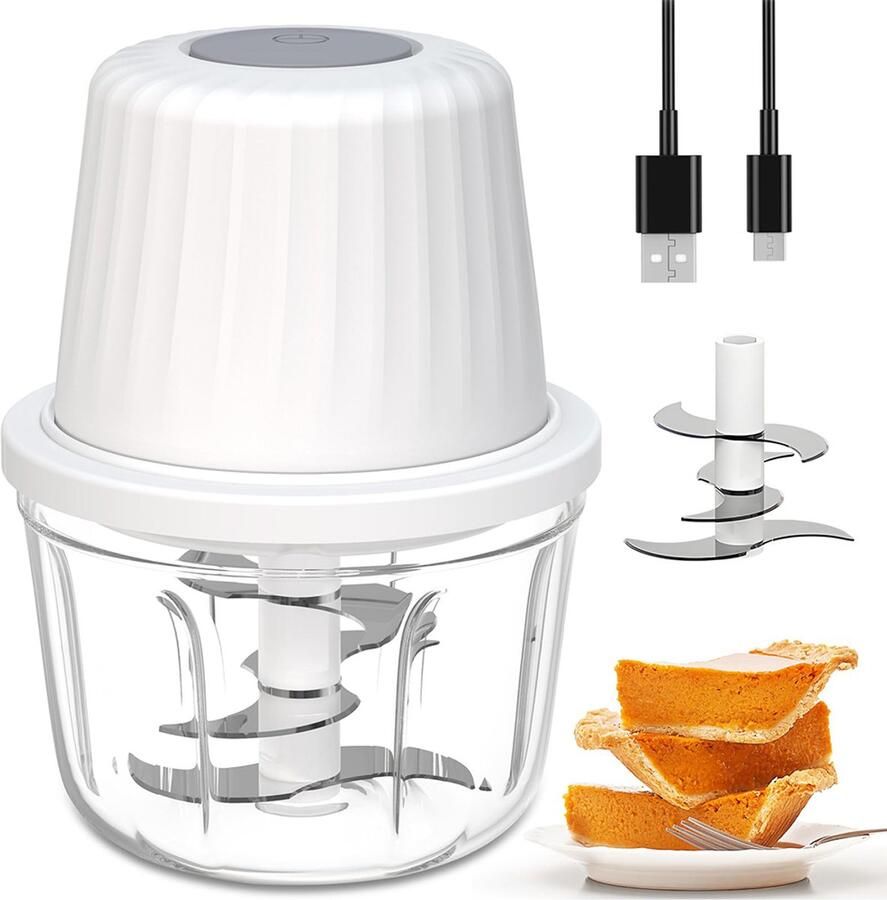 Ruijingsky Elektrische hakmolen – Foodprocessor – Multifunctionele keukenmachine – Vaatwasmachinebestendig – Keukenmachine – Geschikt voor het hakken van vlees het pellen van knoflook en het mixen van ingrediënten – 400 ml – 6 messen – 10 7*10 7*14 9 cm Wit