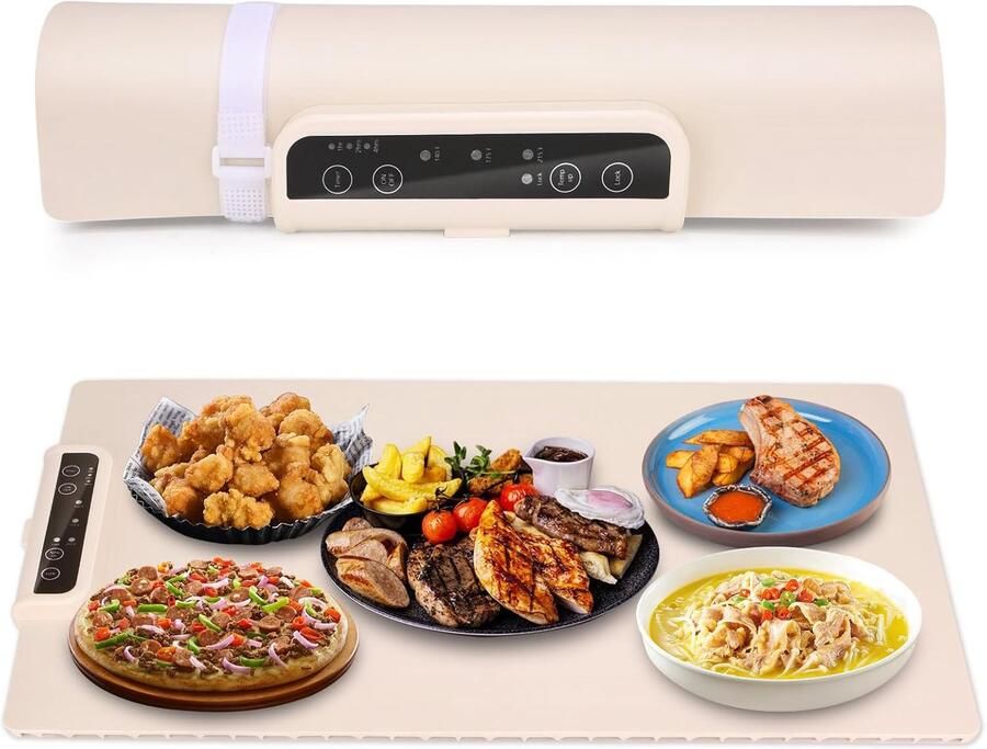 Ruijingsky Elektrische warmhoudplaat Voedselwarmer voor thuisgebruik Warmhoudplaat met touchscreen Antibacterieel en vlekbestendig Multifunctionele constante temperatuur 260W Opvouwbaar Draagbaar 60x38cm Beige