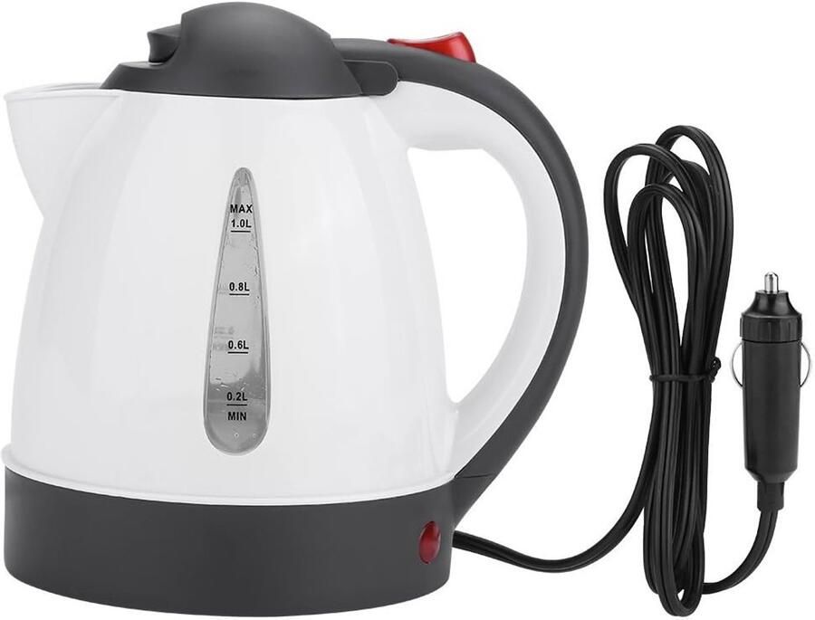 Ruijingsky Elektrische waterkoker voor in de auto – 24 Volt – 1 liter – 250 watt Roestvrij staal Draagbare thermoskan Geschikt voor vrachtwagens auto's campers of boten Kan worden gevoed via een 24V-stekker of sigarettenaansteker Wit