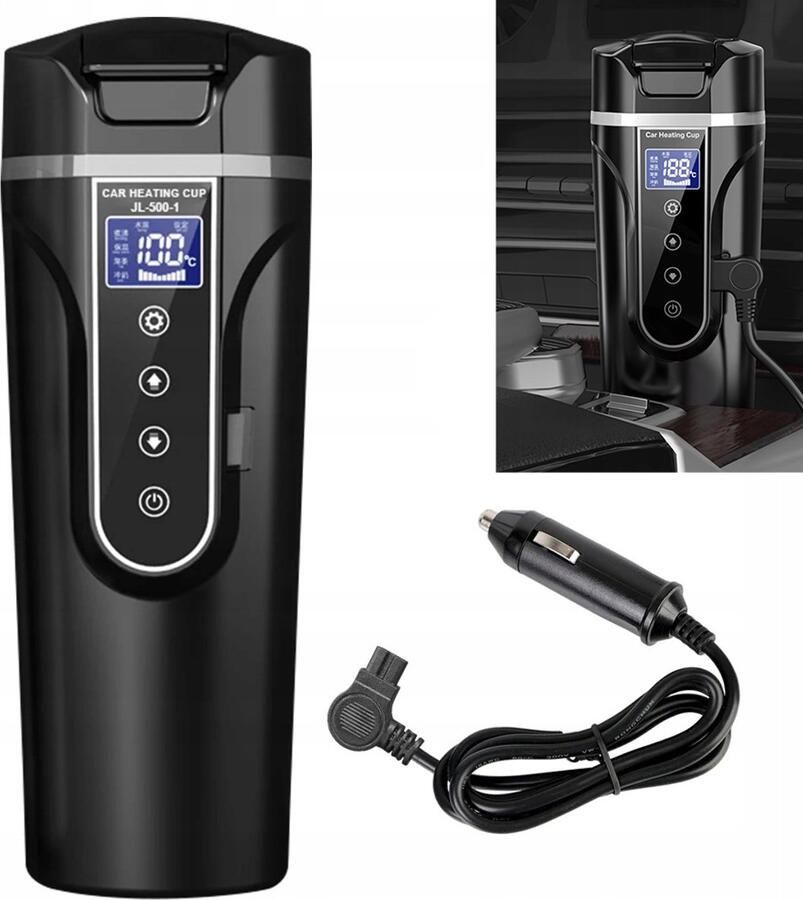 Ruijingsky Elektrische waterkoker voor in de auto 500 ml 12V 24V Digitaal display Reiswaterkoker Autothermosfles Draagbare koffiemok Instelbare temperatuur Geschikt voor kleine auto's Roestvrij staal Zwart
