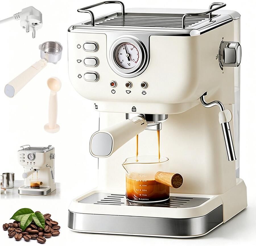 Ruijingsky Espressomachine Halfautomatische espressomachine Koffiemachine voor thuis kantoor Met melkschuimer 20 bar 1050 watt 1 5 liter Gebroken wit