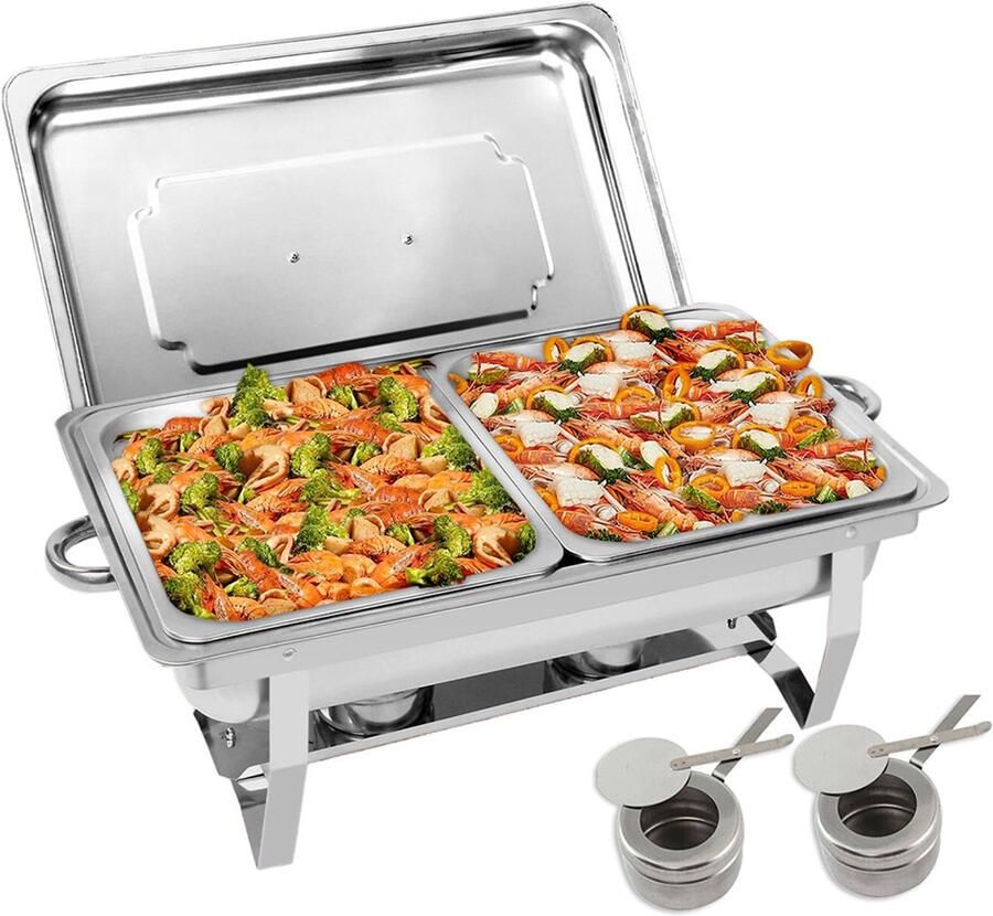 Ruijingsky Geïsoleerde voedselwarmer – Buffetwarmer – Verwarmen en warmhouden – Twee compartimenten – Met brandstofmat – 55 2*35 2*26 3 mm – 9 liter – Roestvrij staal – Zilver