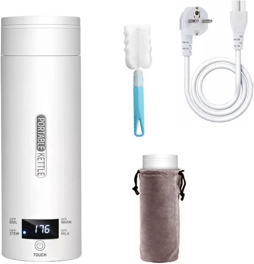 Ruijingsky Mini-waterkoker 220V 450ml Met thermometer en warmhoudfunctie Draagbare thermoskan Slimme waterverwarmer Reiswaterkoker Geschikt voor kamperen hotels en senioren 22*7*7 7cm Roestvrij staal Wit